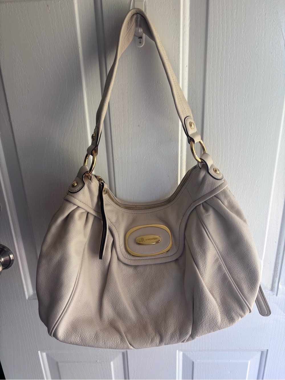 b. makowsky Cream Leather Shoulder Bag with Gold Hardware